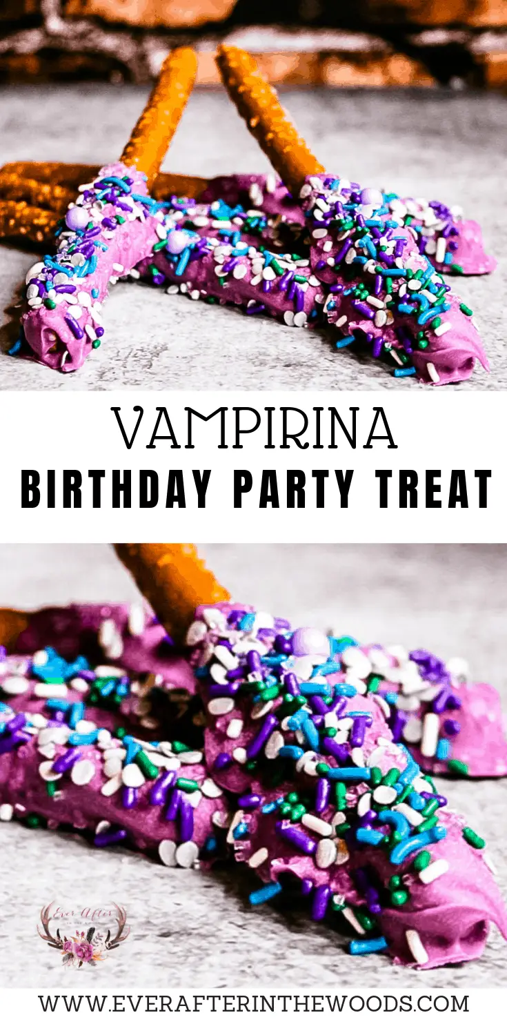 Como fazer     Guloseimas para festa de Vampirina    (também conhecidas como varetas de pretzel com cobertura de chocolate)